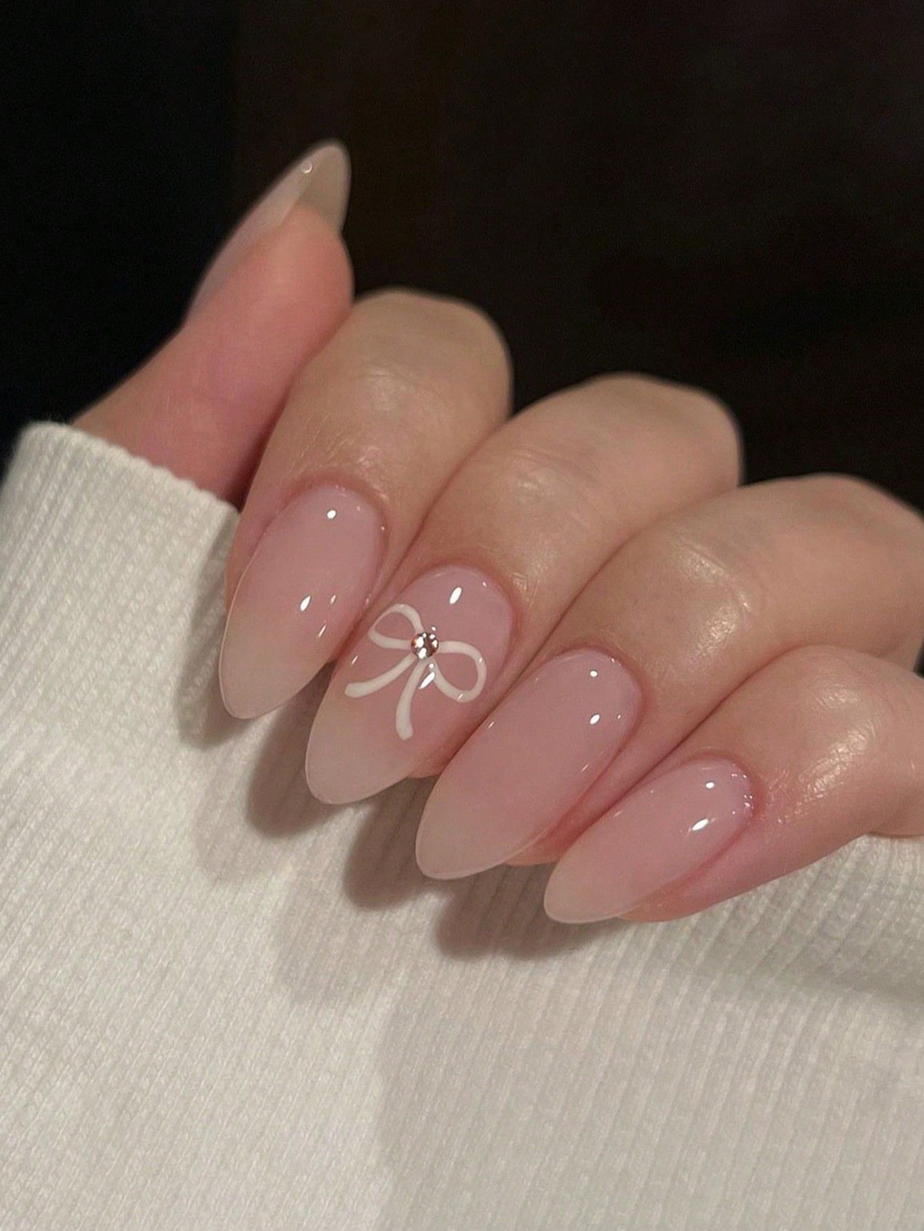 24pcs/Set Medium Long Classic Peach, Apricot Gradient Fake Nails With Romantic White Bow & Graffiti Pink Rhinestone Inset Nude Ins Style Almond Nails+1pc Jelly Glue+1pc Nail File Set