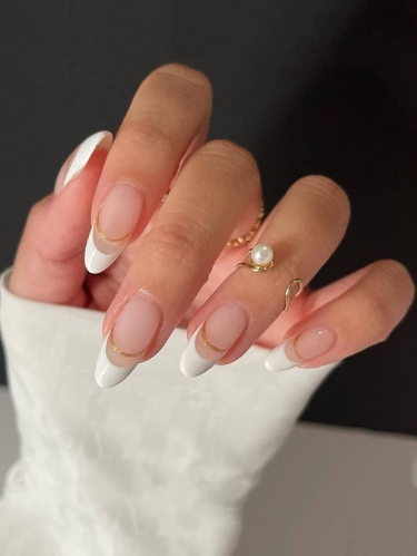 Long Almond White French Line Color Nail Art