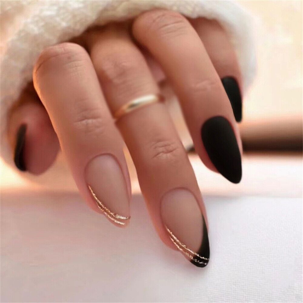 Cool Black French False Nail Short Almond Press On Nails For Nail Art 24pcs