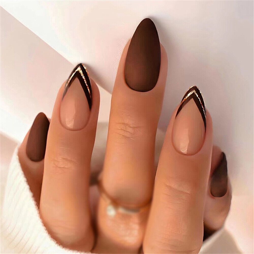 Glitter Brown French False Nail Short Almond Press On Nails For Nail Art 24pcs