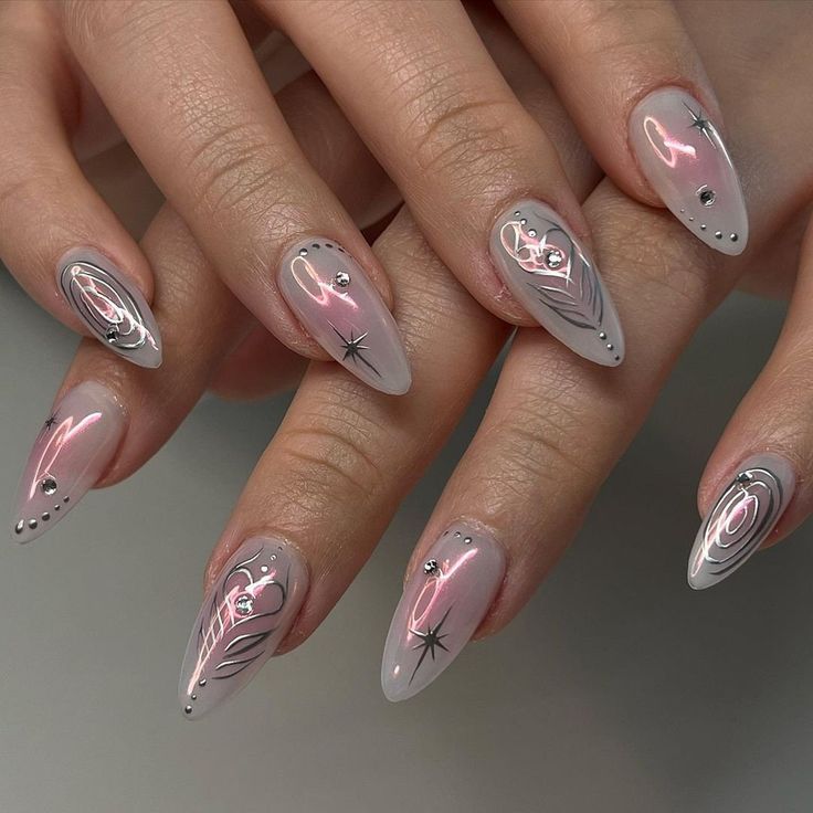 Aura Short Almond Press On Nails, Metallic Silver Fake Nails, Elegant Chrome Nails, Birthday Part