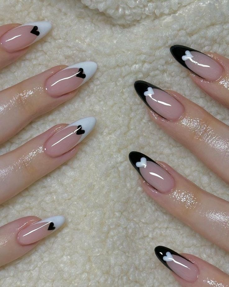 MY SWEET LOVE-Press on nails-French nails-white nails-luxury nails-glue on nails-heart and french nails-black and white nails