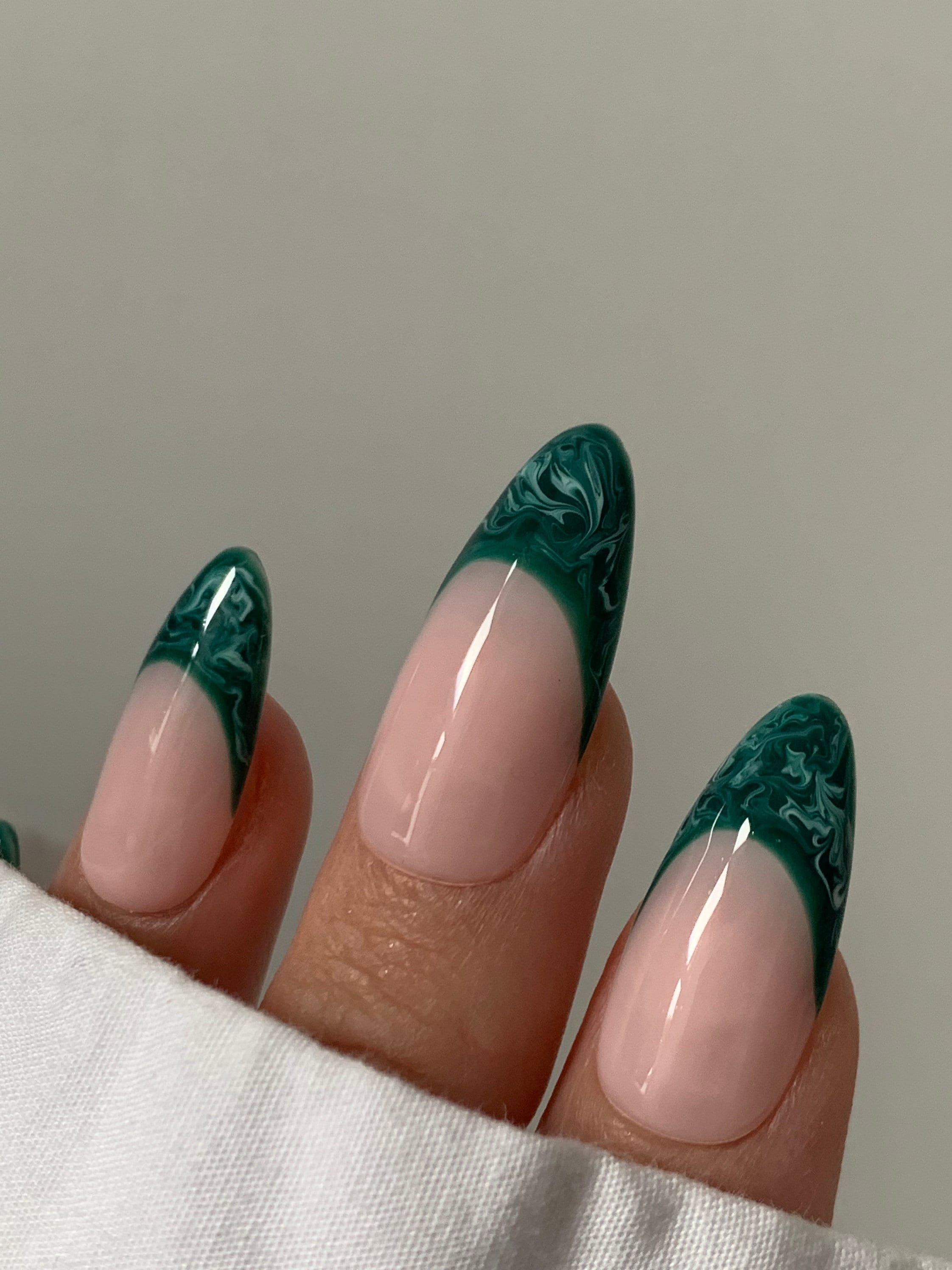 Deep Green Marble French Nails | Salon Quality Hand Painted Press on Nails | Marble Design