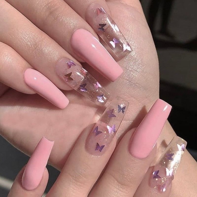 Transparent Ballerina Full Cover False Nail Patches Press on Nails Detachable Coffin Fake Nails with Jelly Glue Butterfly Design - JP1617  False Nails